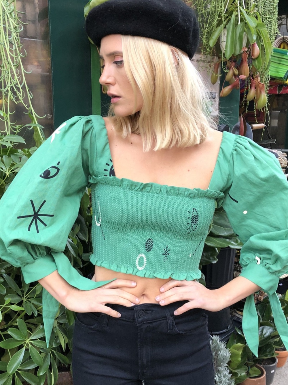 Capulet Green Smocked Crop Top with Puff Sleeves